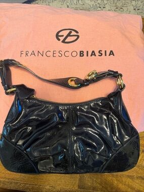 Francesco Biasia Black Patent Shoulder Bag with Gold Hardware